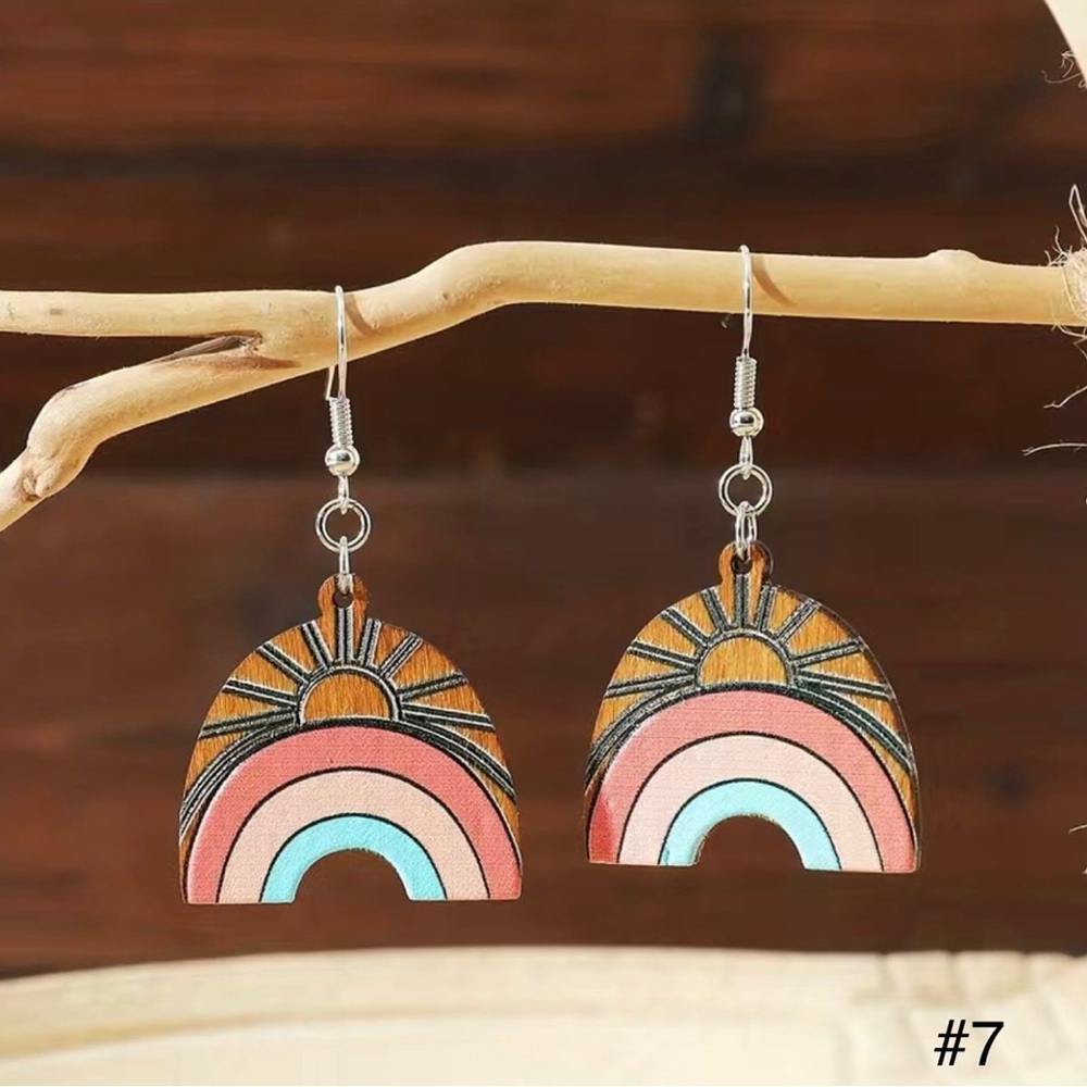 #7 | Wooden Sun & Rainbow Muted Color Dangle Earrings